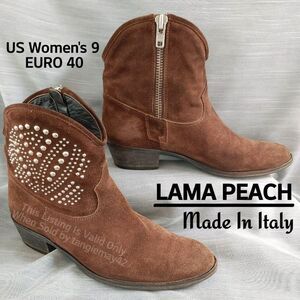 Lama Peach Italian Brown Suede Leather Silver Studded Cowboy Boots Womens 9 / 40